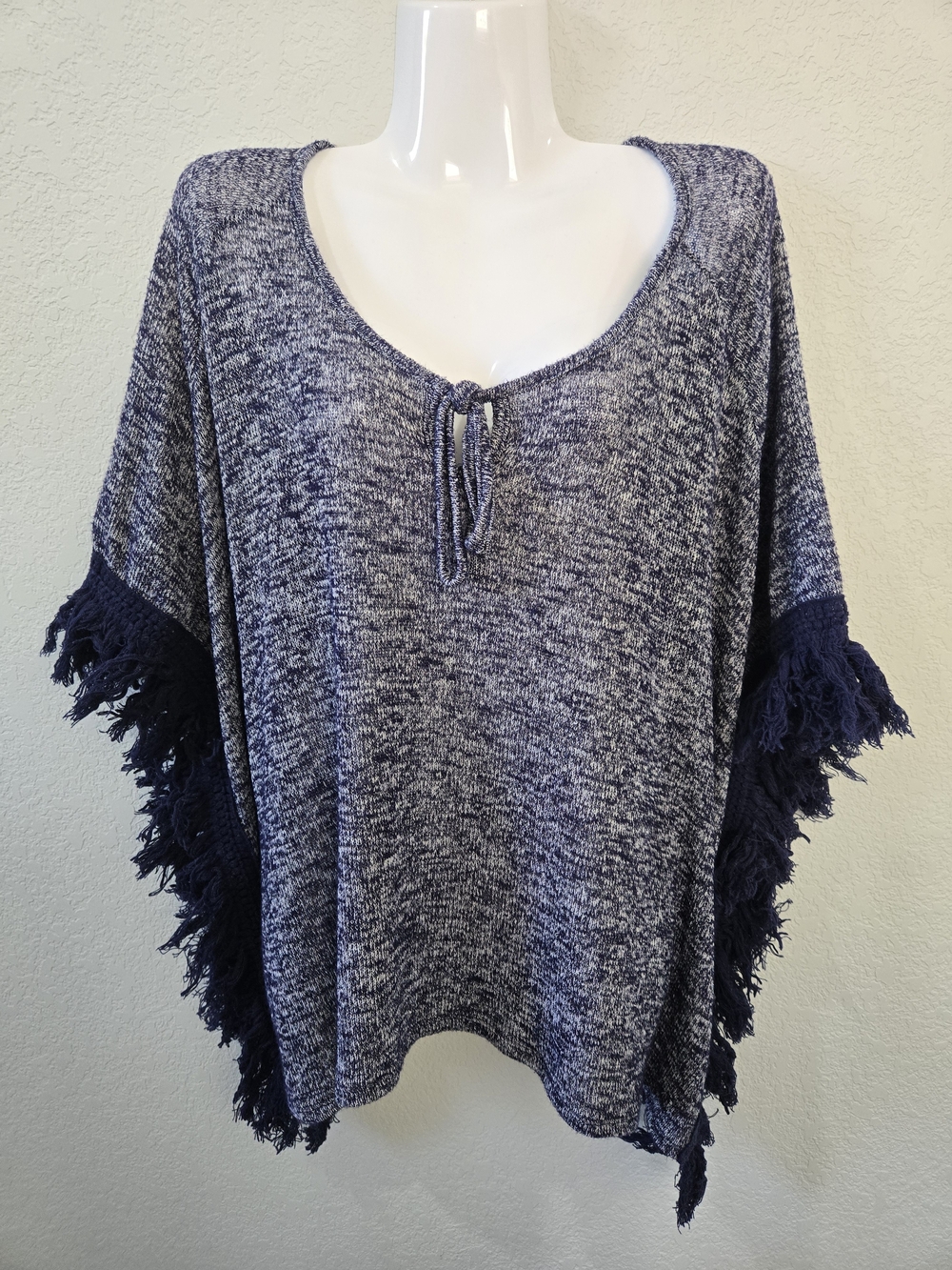 Charming Charlie Navy Heather Knit Poncho with Fringe